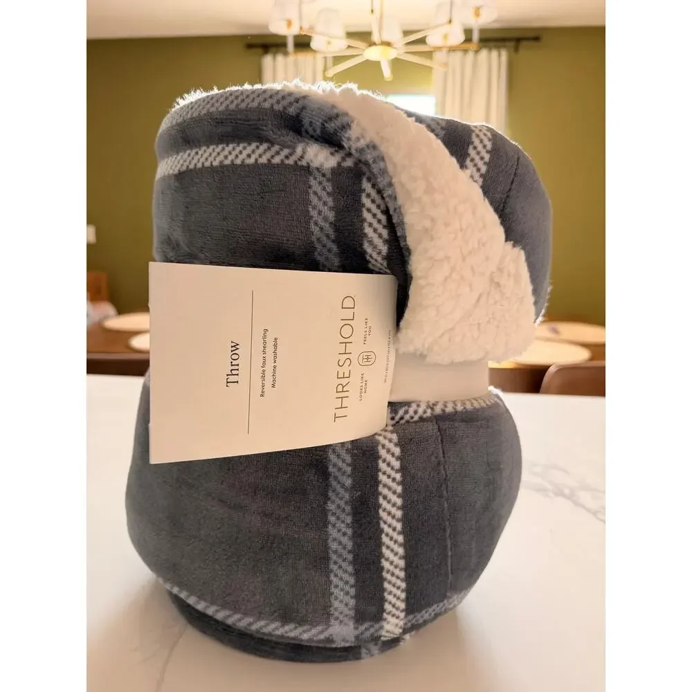 Threshold Reversible Faux Shearling Throw Blanket Blue Plaid 50x60 NWT Target